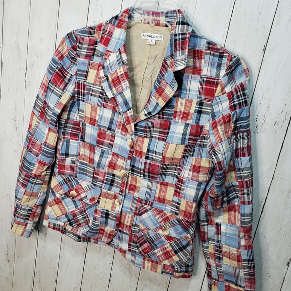 Vintage Pendleton Women's Cotton Patchwork Red Blue Tan Blazer Size Small. - Picture 2 of 7